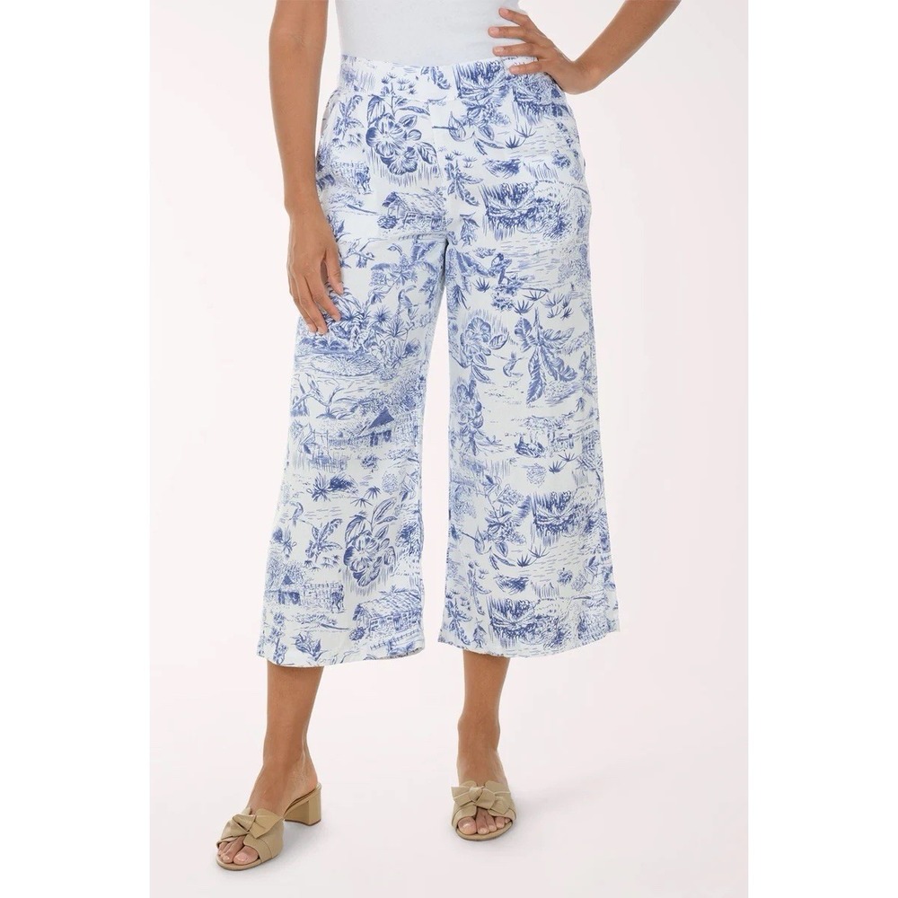 Tropical Toile Linen Blend Crop Pants Blue White Palm Trees Pockets Women's M